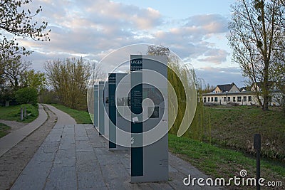 Monumental pillars near Lager Kaulsdorfer StraÃŸe 90. Berlin, Germany Editorial Stock Photo
